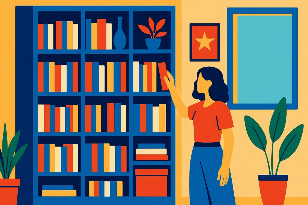 A clean, well-organized bookshelf showing how to protect books from humidity.