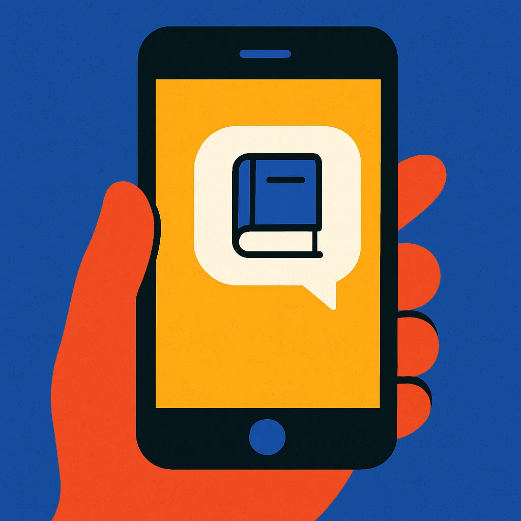 A close-up of a hand holding a smartphone. On the screen, a message bubble is being sent containing a small, simple icon of a book. The composition is simple and centered, suitable for a web icon.