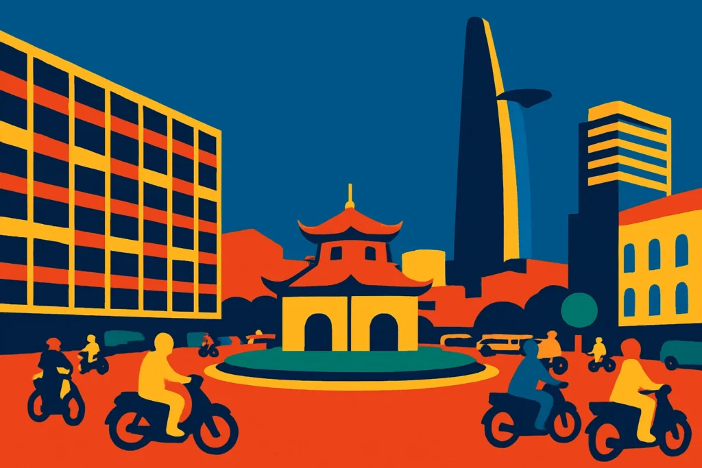 A dynamic street scene in Ho Chi Minh City, the setting for many books set in Saigon.