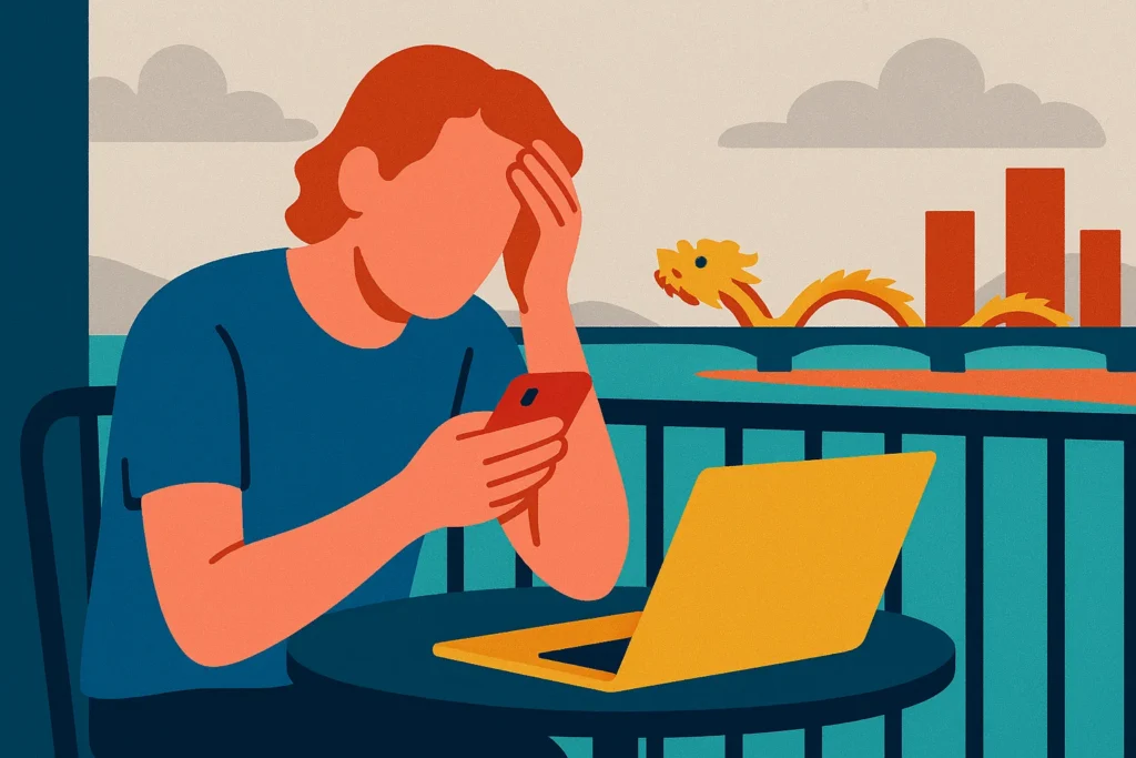 A foreigner looking frustrated while trying to order English books online in Da Nang, Vietnam.