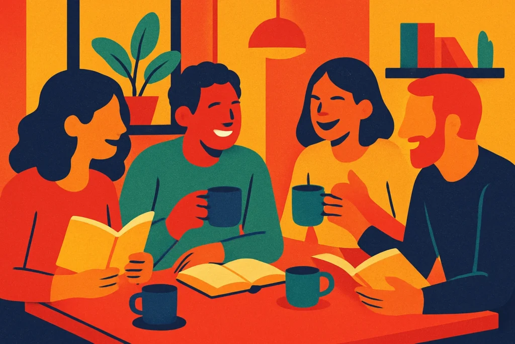 A group of friends at a book club meeting, learning how to start a book club in Vietnam.