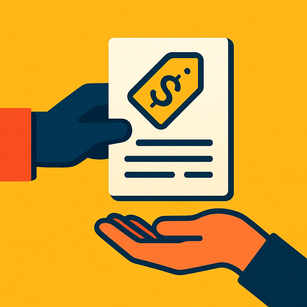 A hand receiving a document that looks like a simple invoice. The document has a price tag symbol or a currency symbol clearly visible on it. The compo