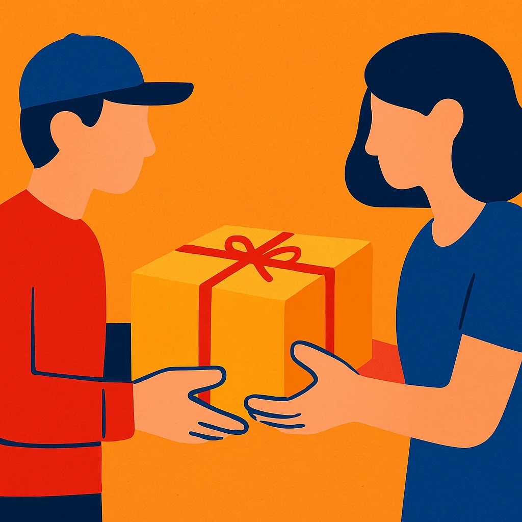 A neatly wrapped package in the shape of a book is being handed from one person's hands to another's.