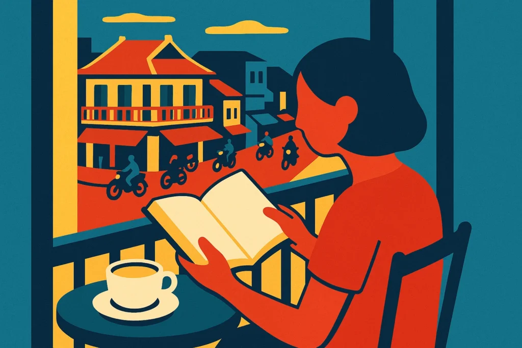 A person reading a book, demonstrating how to get English books in Hanoi.
