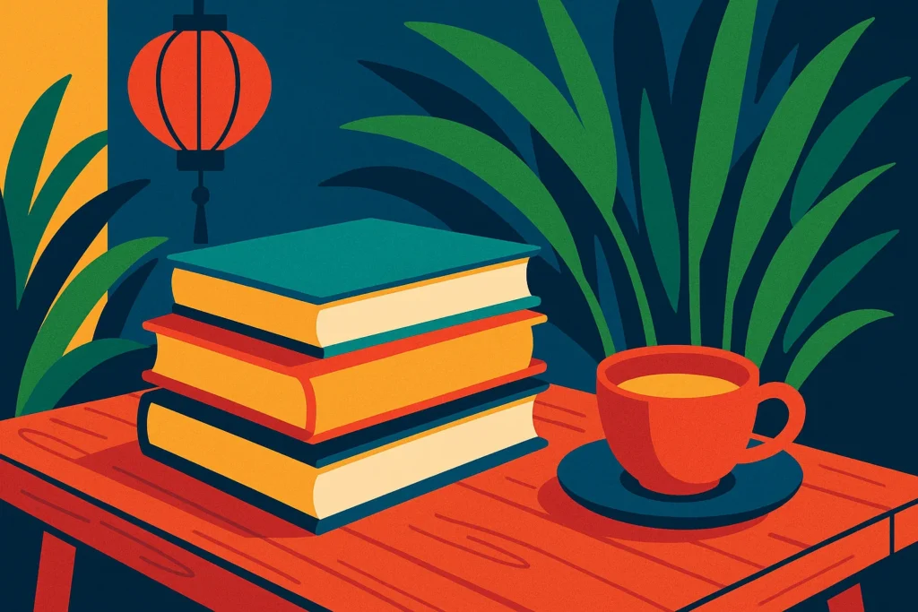 A stack of five books to understand Vietnamese culture, placed next to a traditional tea set.