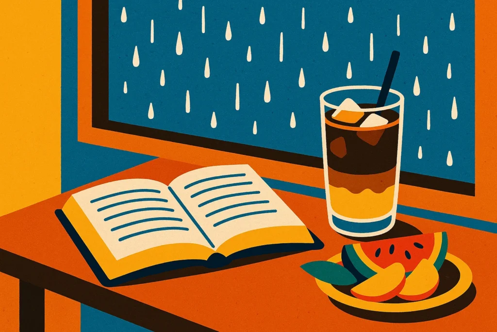 An open English book and a cup of Vietnamese coffee on a table during a rainy day in Da Nang.