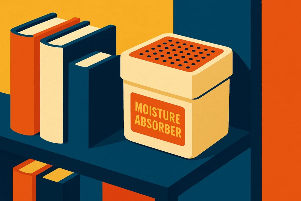 Using a moisture absorber on a bookshelf to help protect books from humidity in Vietnam.