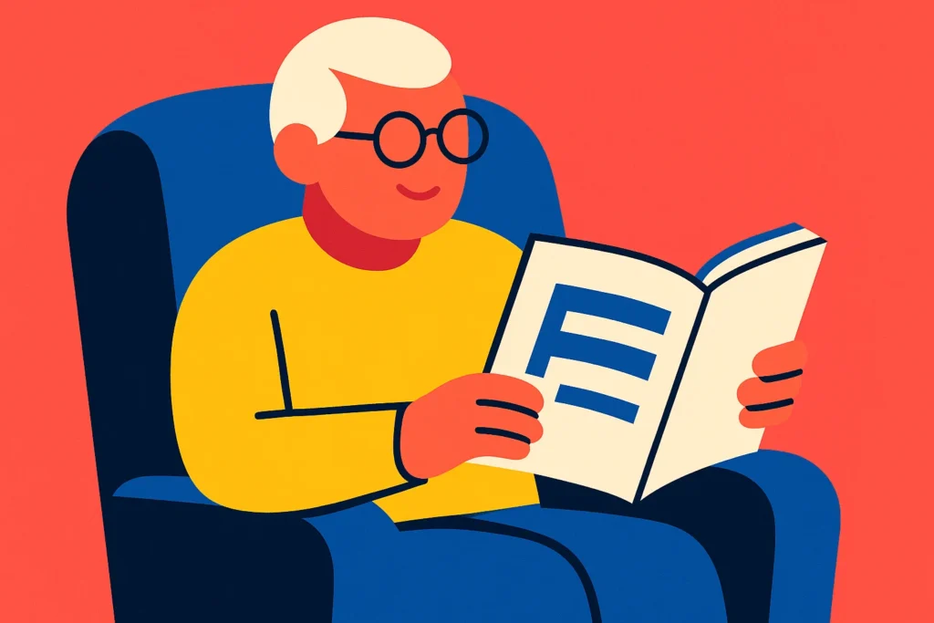 A happy reader enjoying their custom-made large-print book.