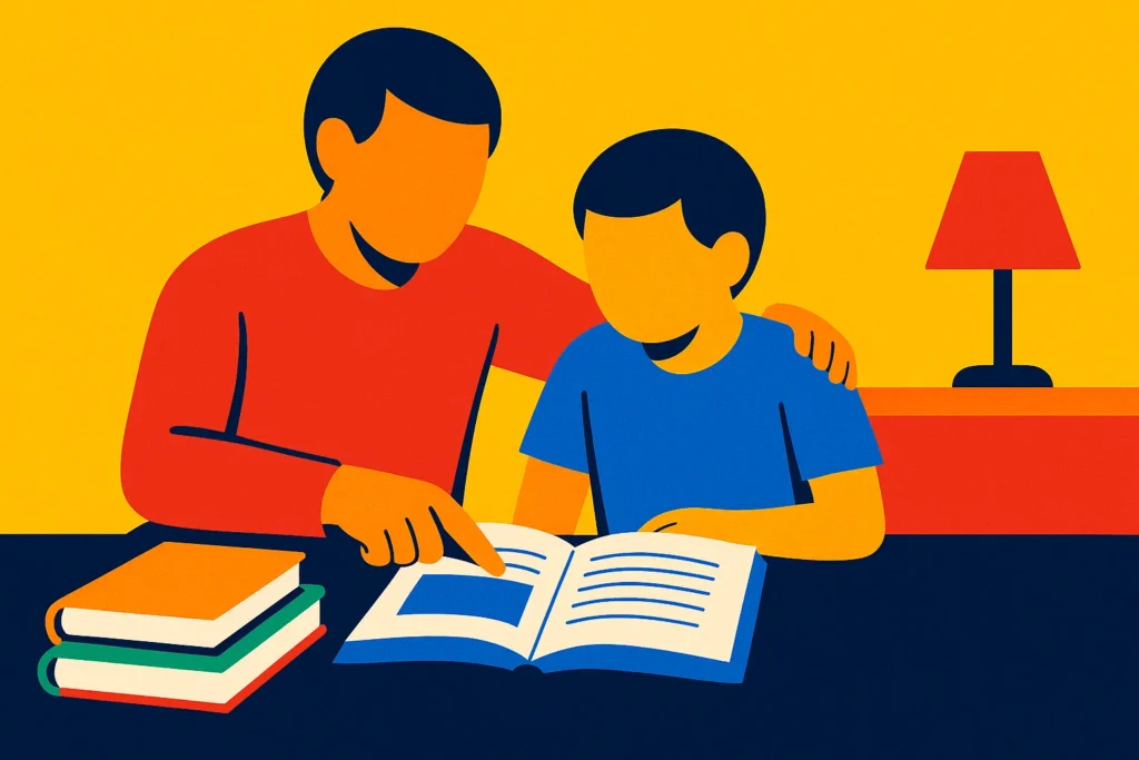 A parent and child using quality homeschool resources in Vietnam