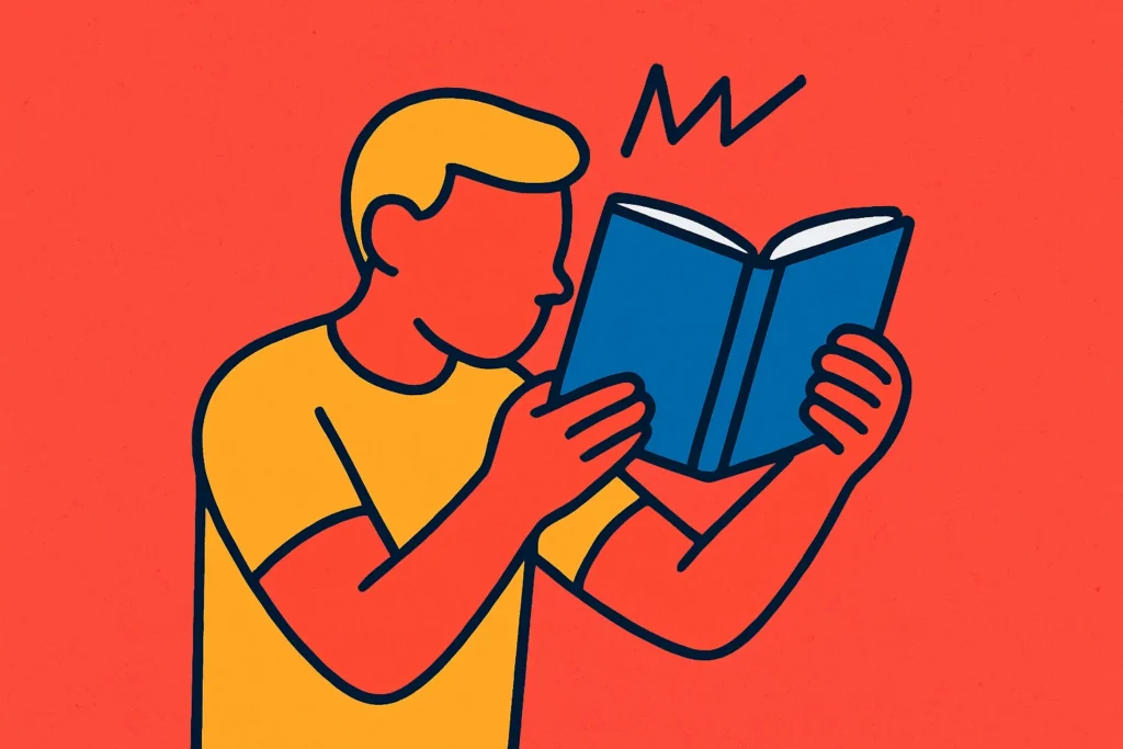 A person experiencing eye strain while trying to read a standard print book