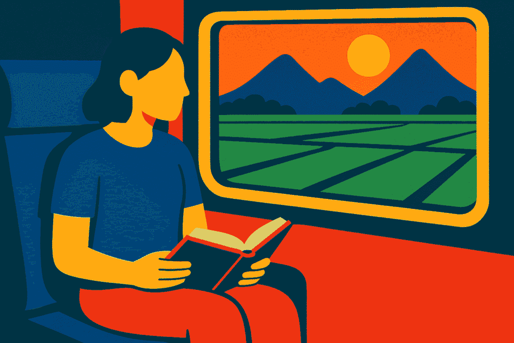A person reading a book on a train, ready for a day trip from Da Nang.