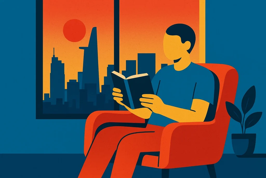 A person reading an English book with a view of Ho Chi Minh City.