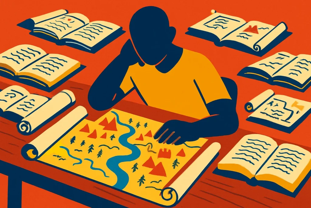 A reader studying the lore of a cult classic fantasy book.