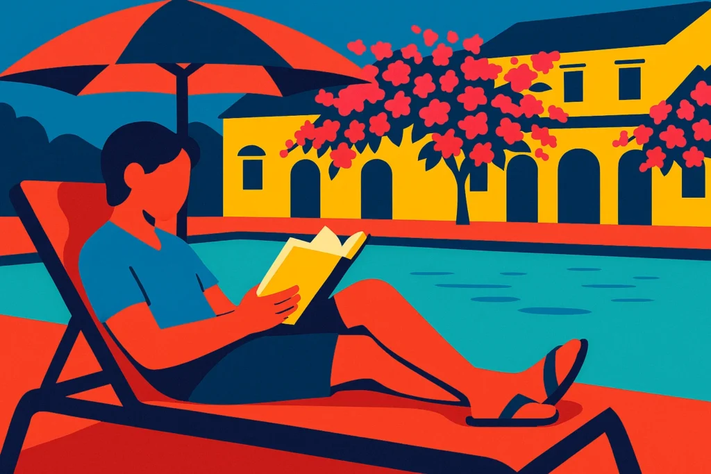 A tourist reading an English book by a pool in Hoi An.