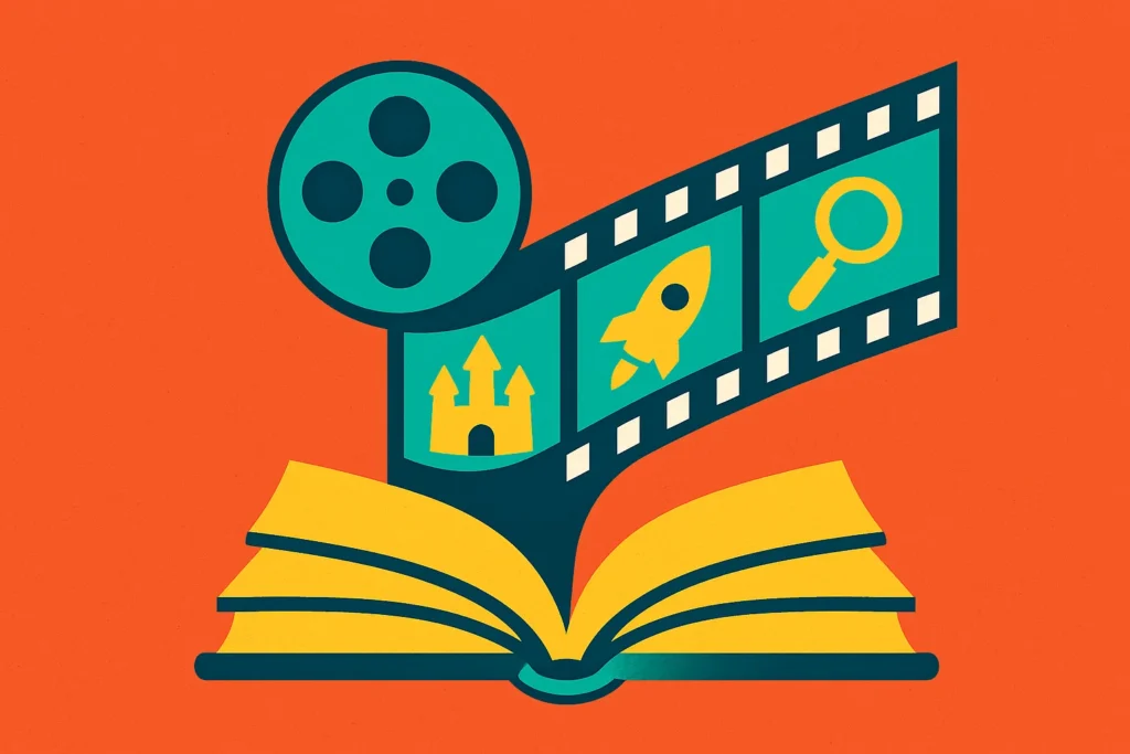 An illustration of a book turning into a movie, representing the best book to movie adaptations