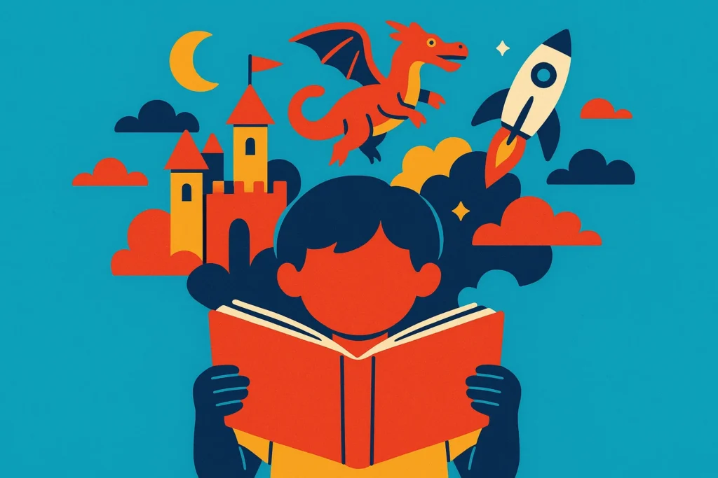 An illustration of a child reading one of the best books for 8-12 year olds.