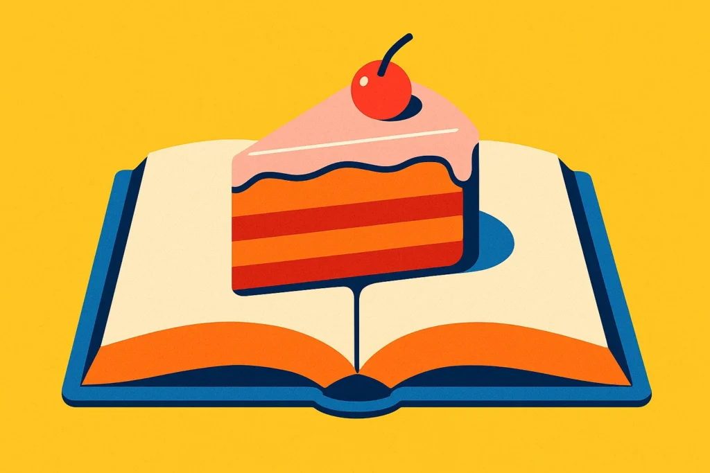 An illustration of food appearing from a book, representing food in literature