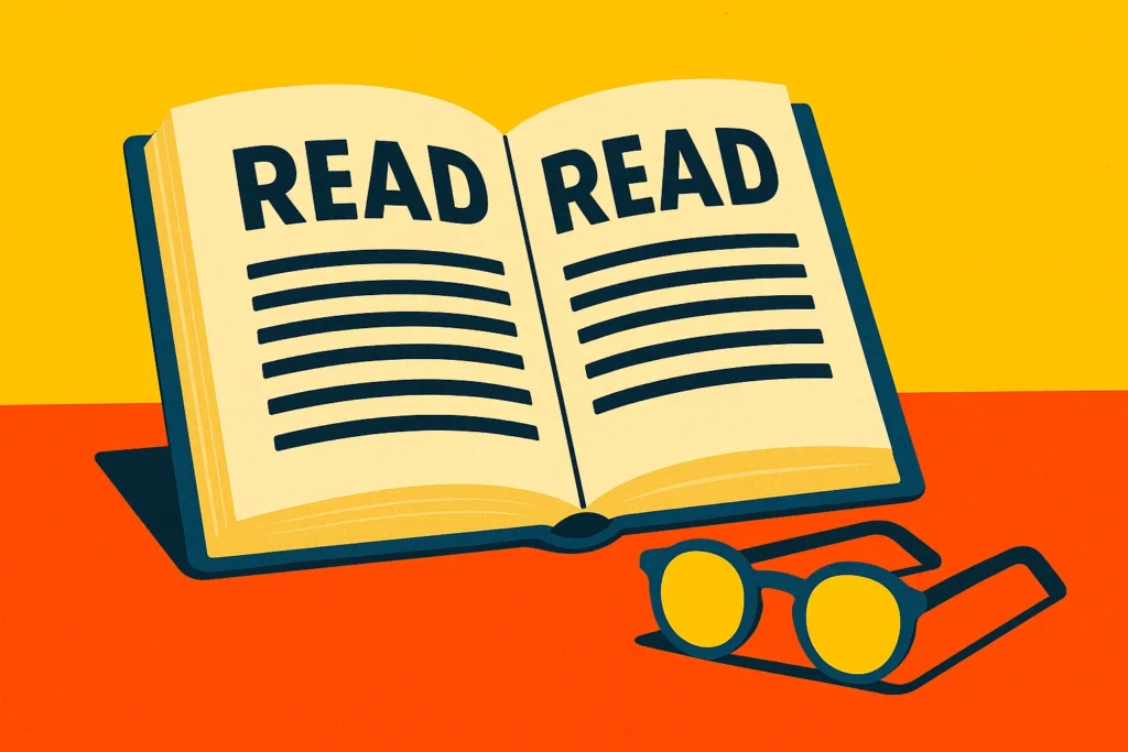 An open large-print book with reading glasses, making reading accessible in Vietnam